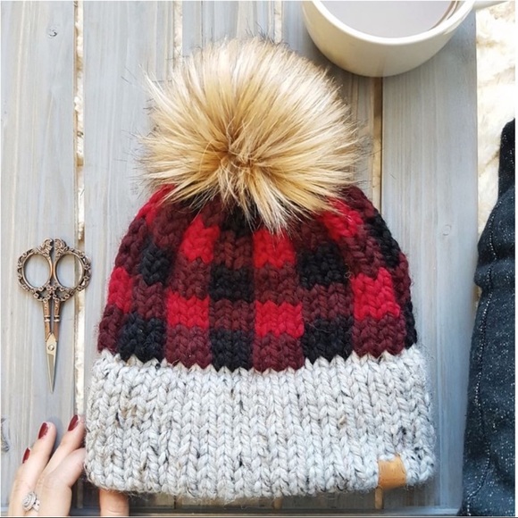 Accessories - Red plaid Pom Pom Beanie